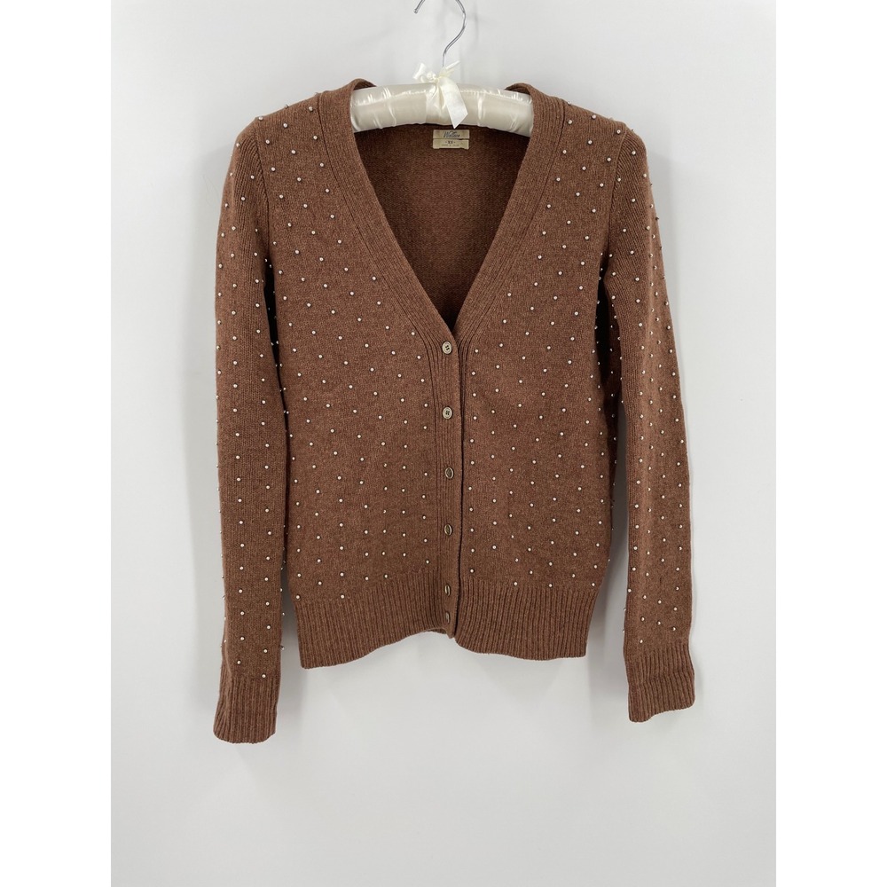 Wallace 100% Merino Wool Cardigan XS Brown Silver Beaded V Neck Button Front